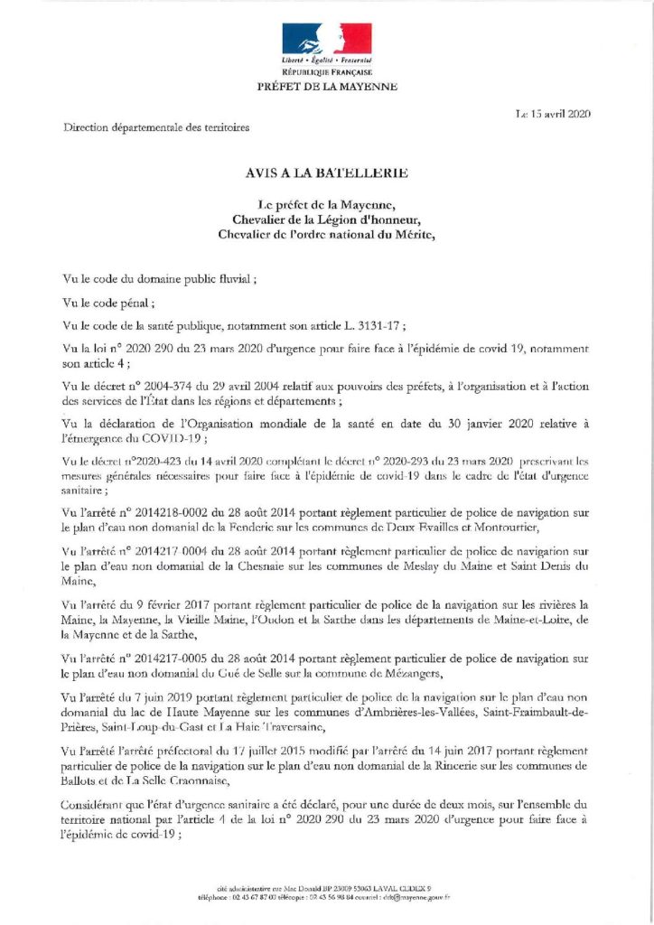 Avis batellerie du 15 avril 2020 ivière la MayenneDocument jpg de presentation
